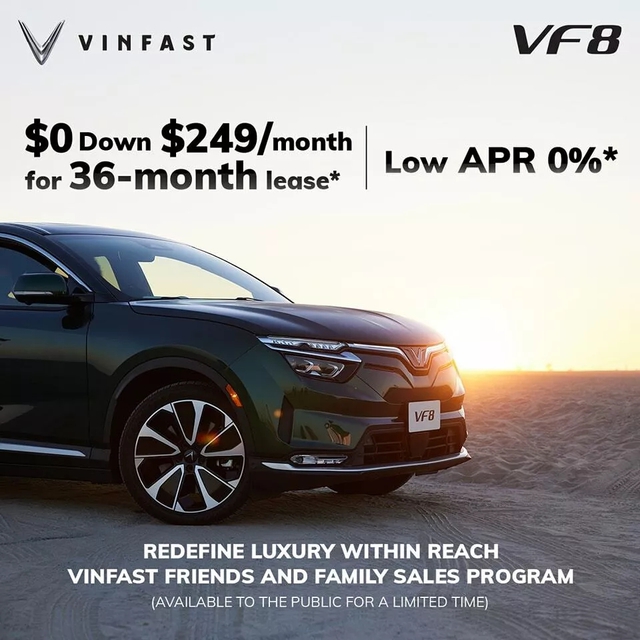 VinFast VF 8 là xe mới có giá thuê rẻ nhất tại Mỹ, chỉ gần 7 triệu đồng/tháng,